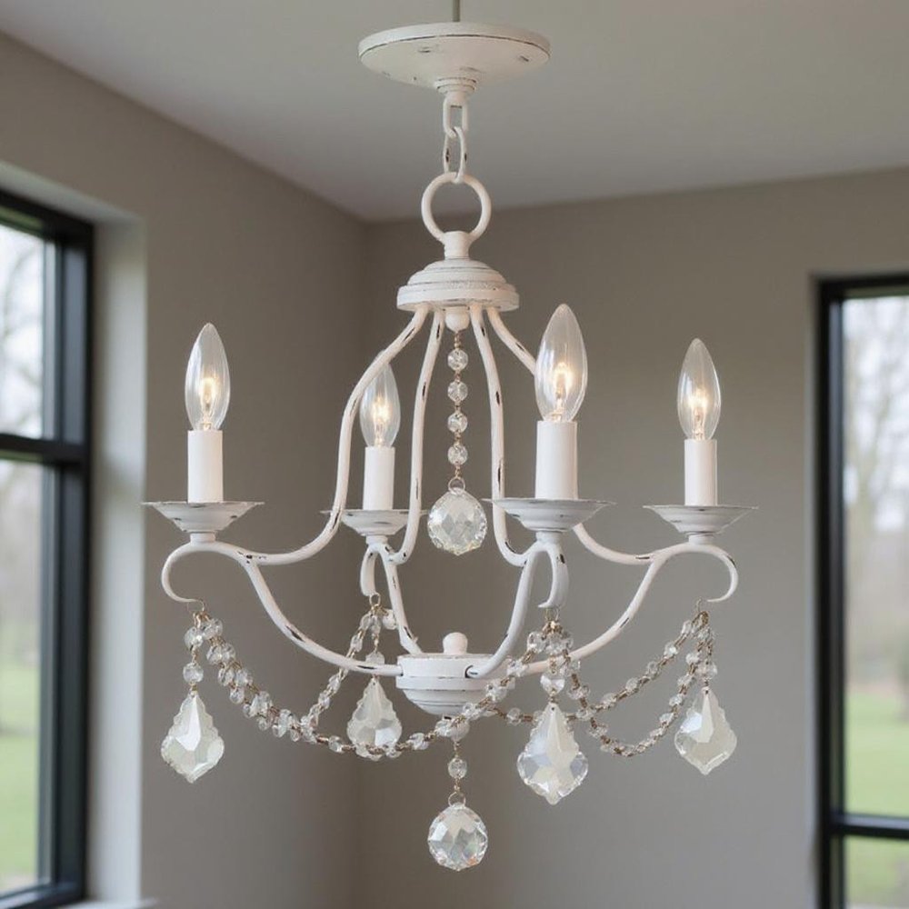 Antiqued White Four Light Metal Dimmable Chandelier With Shades HomeRoots