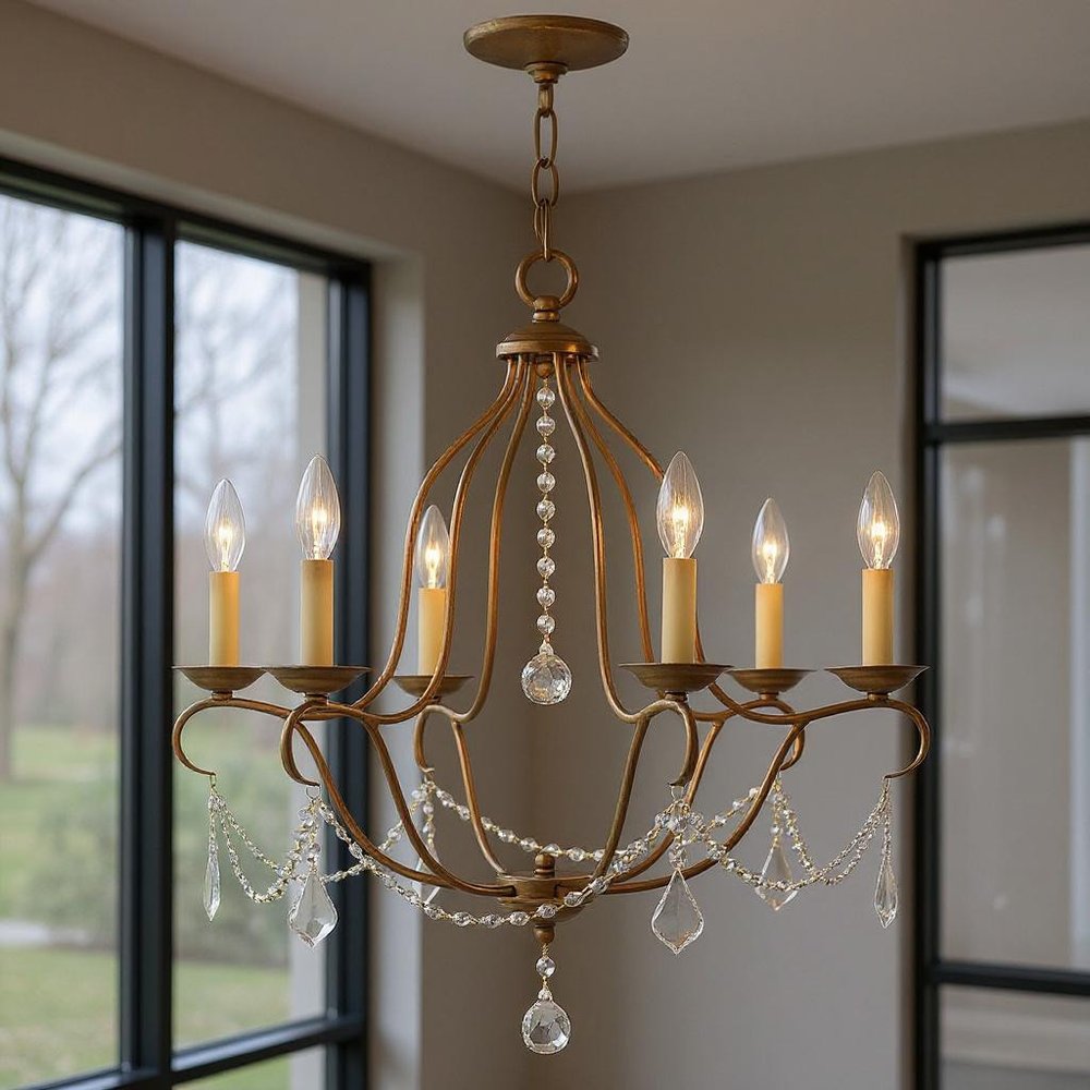 Antiqued Gold Six Light Metal Dimmable Chandelier With Shades HomeRoots