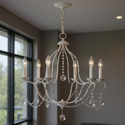 Antiqued White Six Light Metal Dimmable Chandelier With Shades HomeRoots