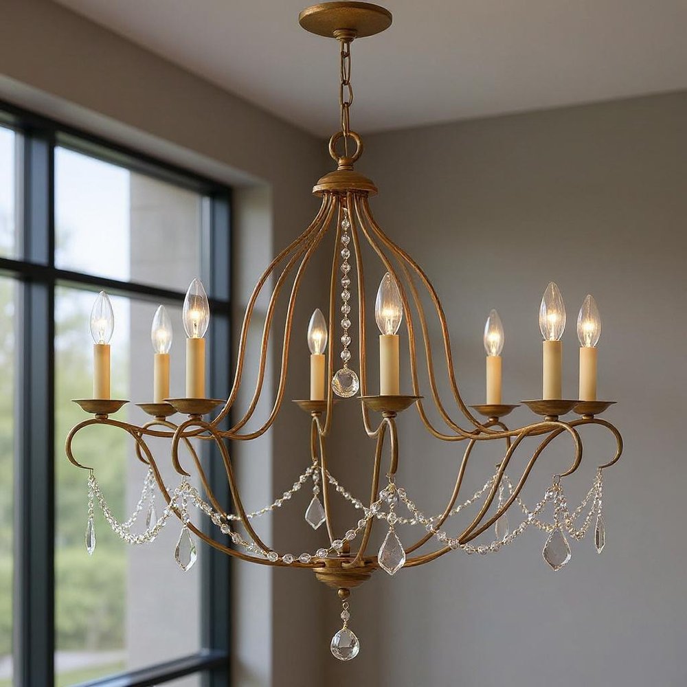 Antiqued Gold Eight Light Metal Dimmable Chandelier With Shades HomeRoots