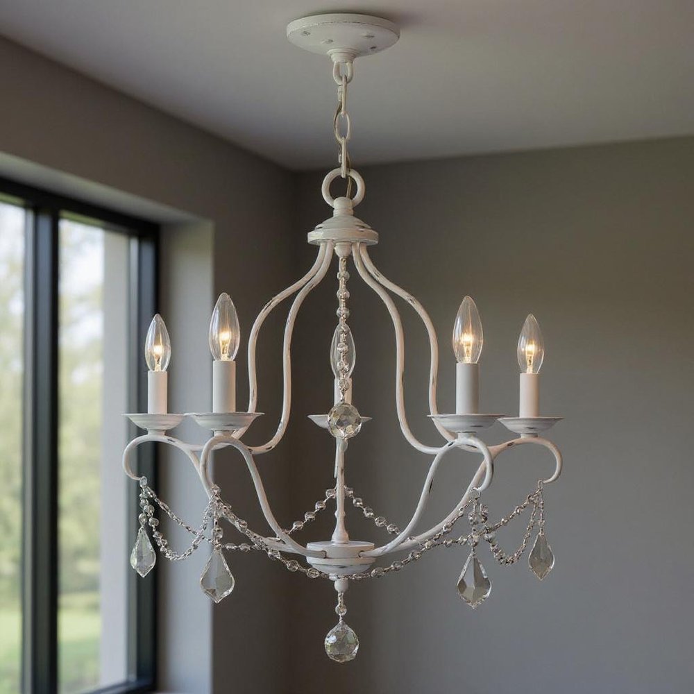Antiqued White Five Light Metal Dimmable Chandelier With Shades HomeRoots