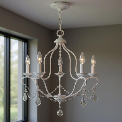 Antiqued White Five Light Metal Dimmable Chandelier With Shades HomeRoots