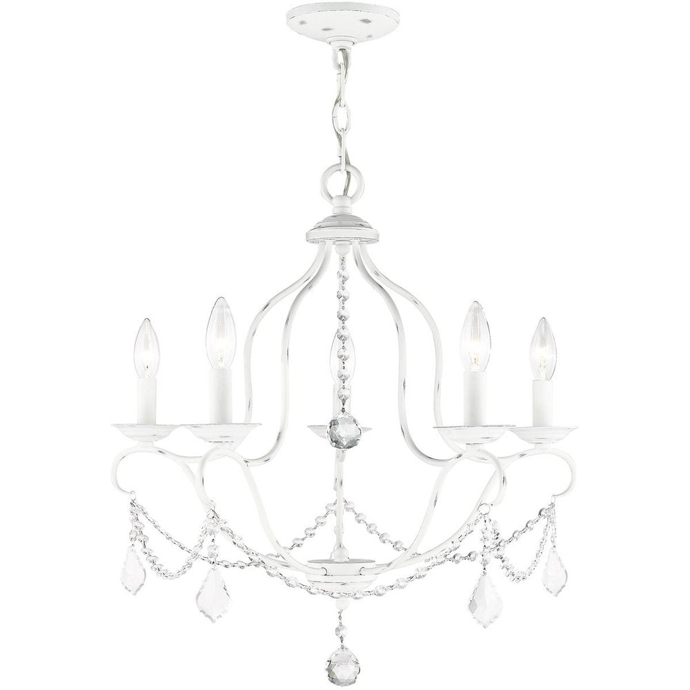 Antiqued White Five Light Metal Dimmable Chandelier With Shades HomeRoots