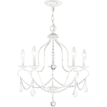 Antiqued White Five Light Metal Dimmable Chandelier With Shades HomeRoots