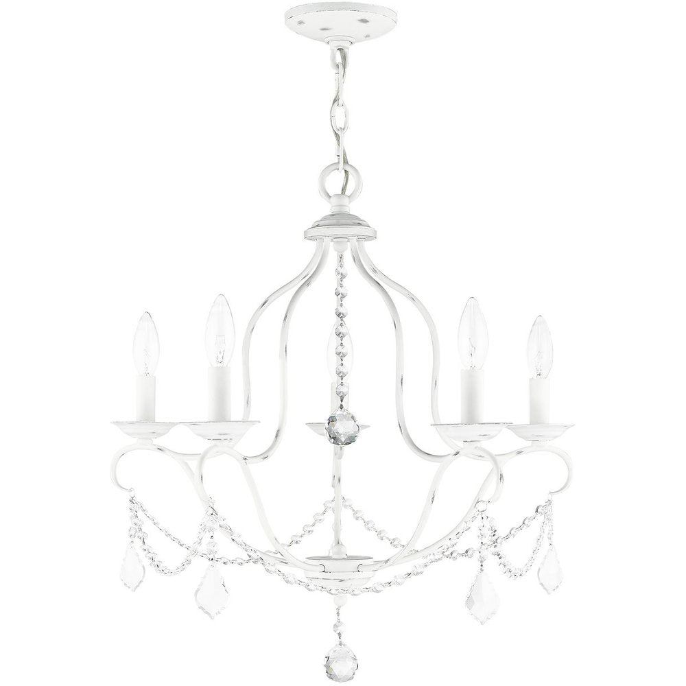 Antiqued White Five Light Metal Dimmable Chandelier With Shades HomeRoots