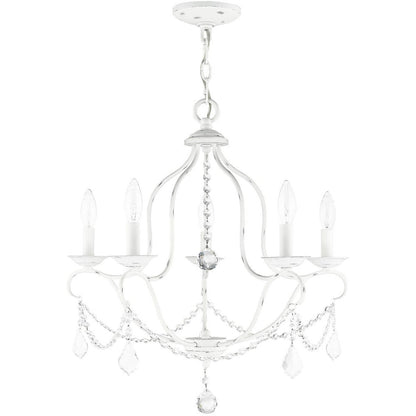 Antiqued White Five Light Metal Dimmable Chandelier With Shades HomeRoots