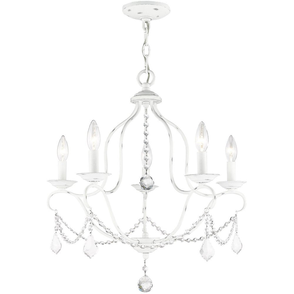 Antiqued White Five Light Metal Dimmable Chandelier With Shades HomeRoots
