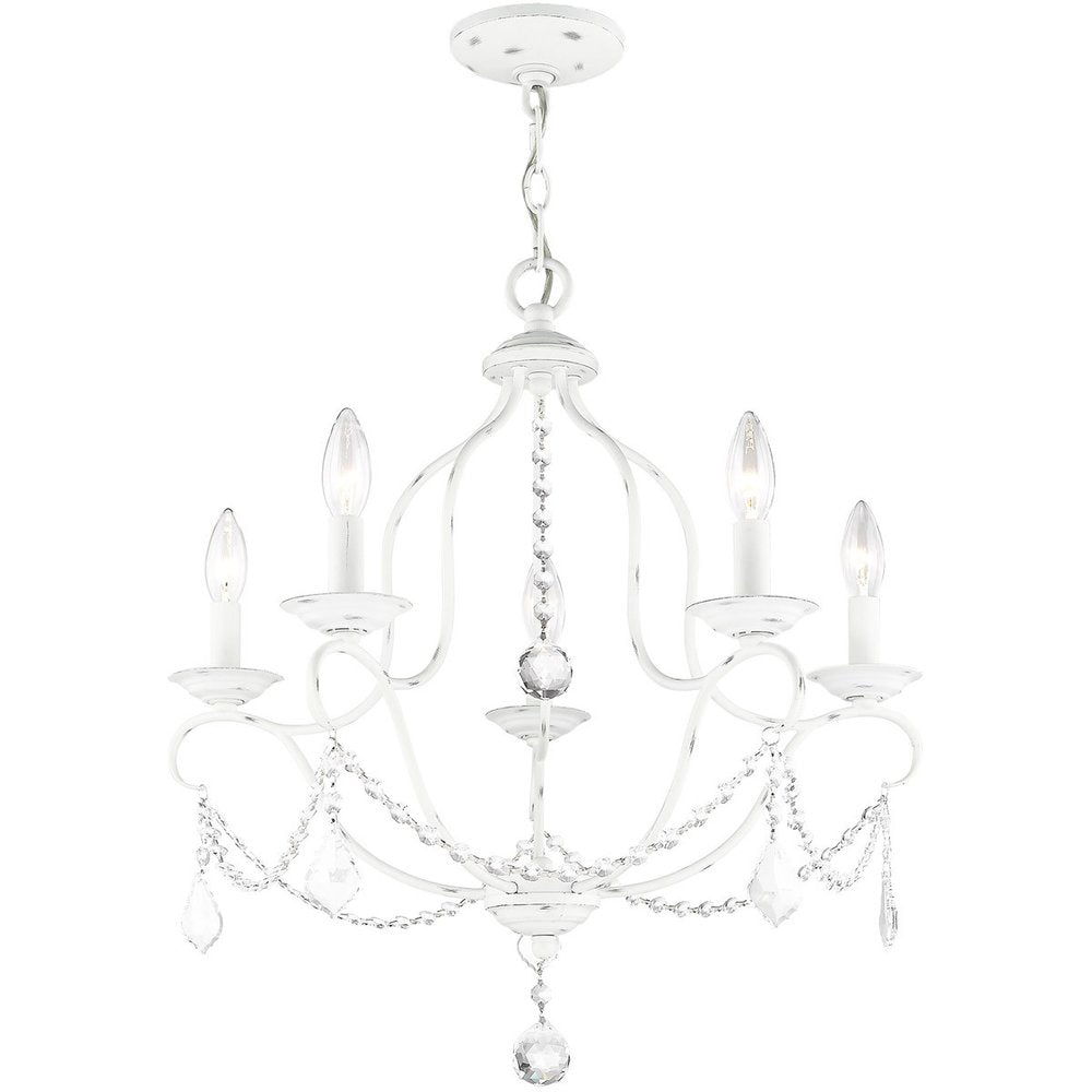 Antiqued White Five Light Metal Dimmable Chandelier With Shades HomeRoots