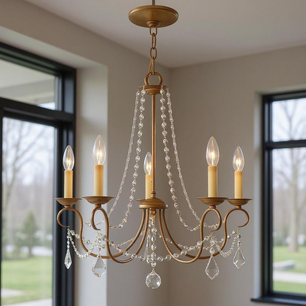Antiqued Gold Five Light Metal Dimmable Chandelier With Shades HomeRoots