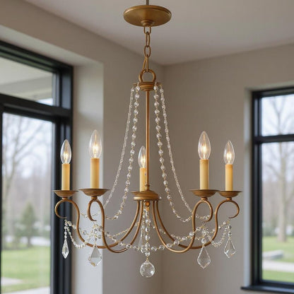 Antiqued Gold Five Light Metal Dimmable Chandelier With Shades HomeRoots