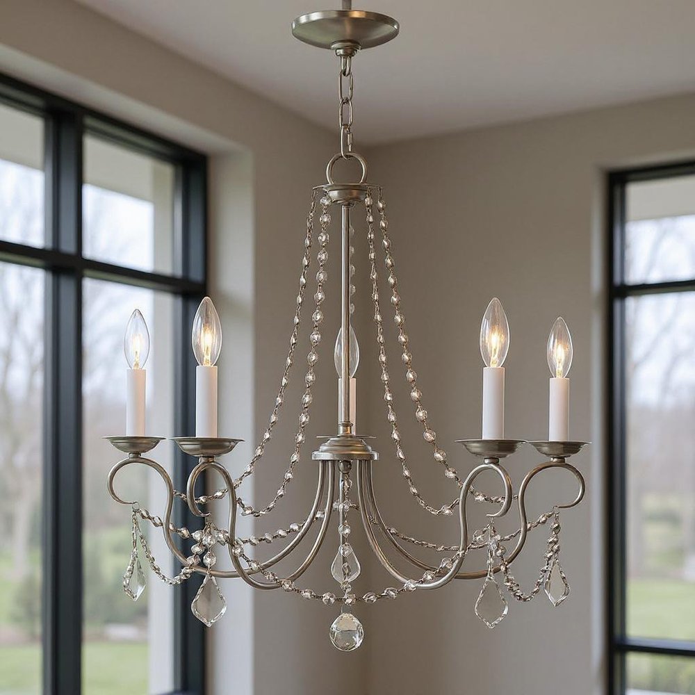 Nickel Five Light Metal Dimmable Chandelier With Shades HomeRoots