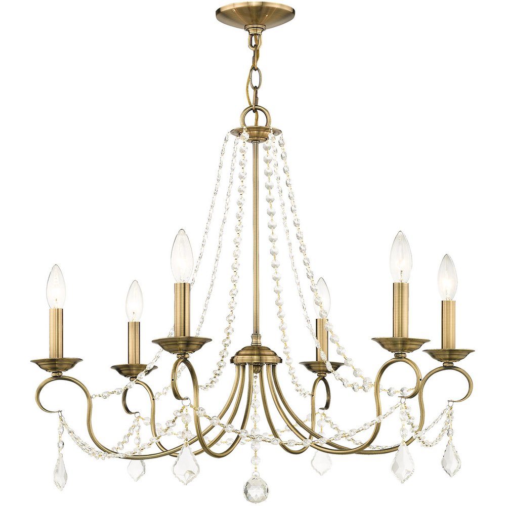 Antiqued Brass Six Light Metal Dimmable Chandelier With Shades HomeRoots