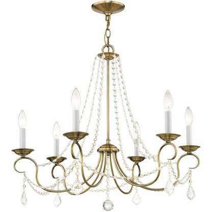 Antiqued Brass Six Light Metal Dimmable Chandelier With Shades HomeRoots