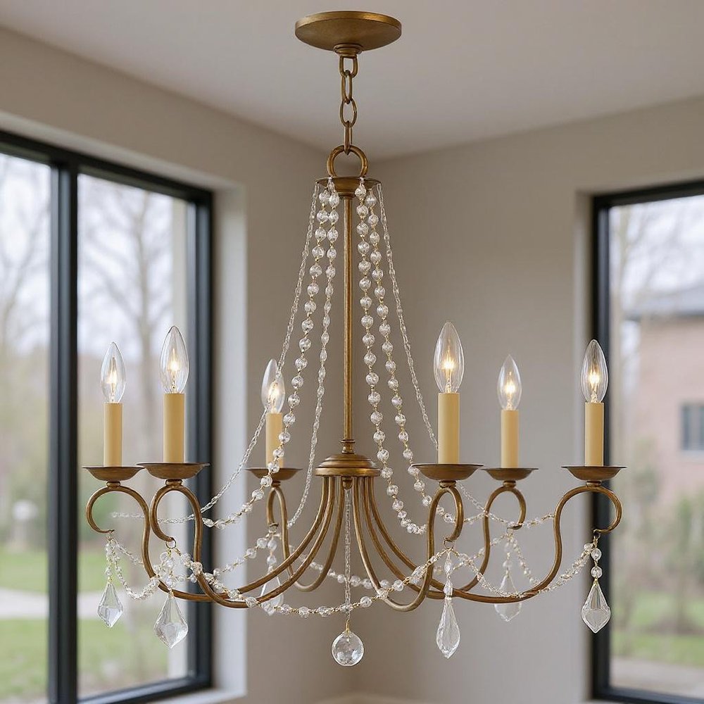 Antiqued Gold Six Light Metal Dimmable Chandelier With Shades HomeRoots