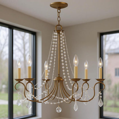 Antiqued Gold Six Light Metal Dimmable Chandelier With Shades HomeRoots