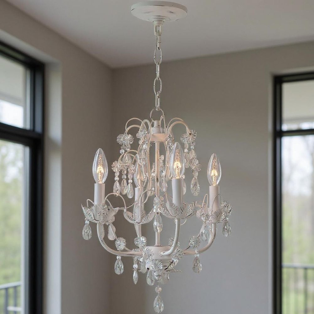 Antiqued White Four Light Metal Dimmable Chandelier With Shades HomeRoots