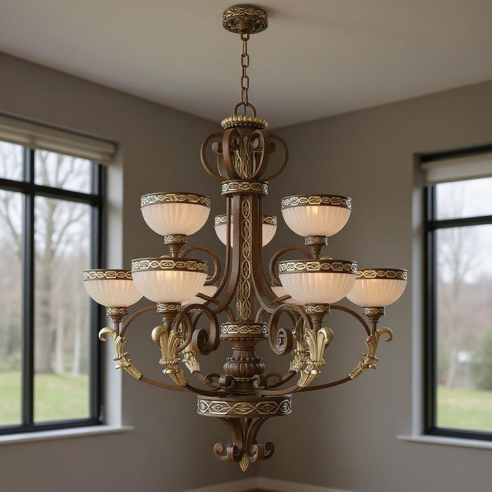 Bronze Nine Light Metal Dimmable Chandelier With Shades HomeRoots