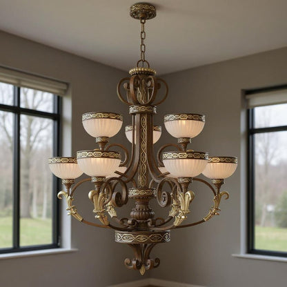 Bronze Nine Light Metal Dimmable Chandelier With Shades HomeRoots
