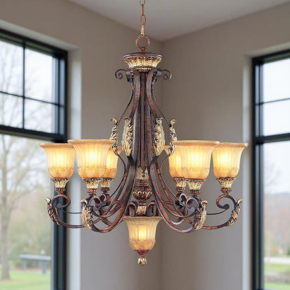 Bronze Seven Light Metal Dimmable Chandelier With Shades HomeRoots