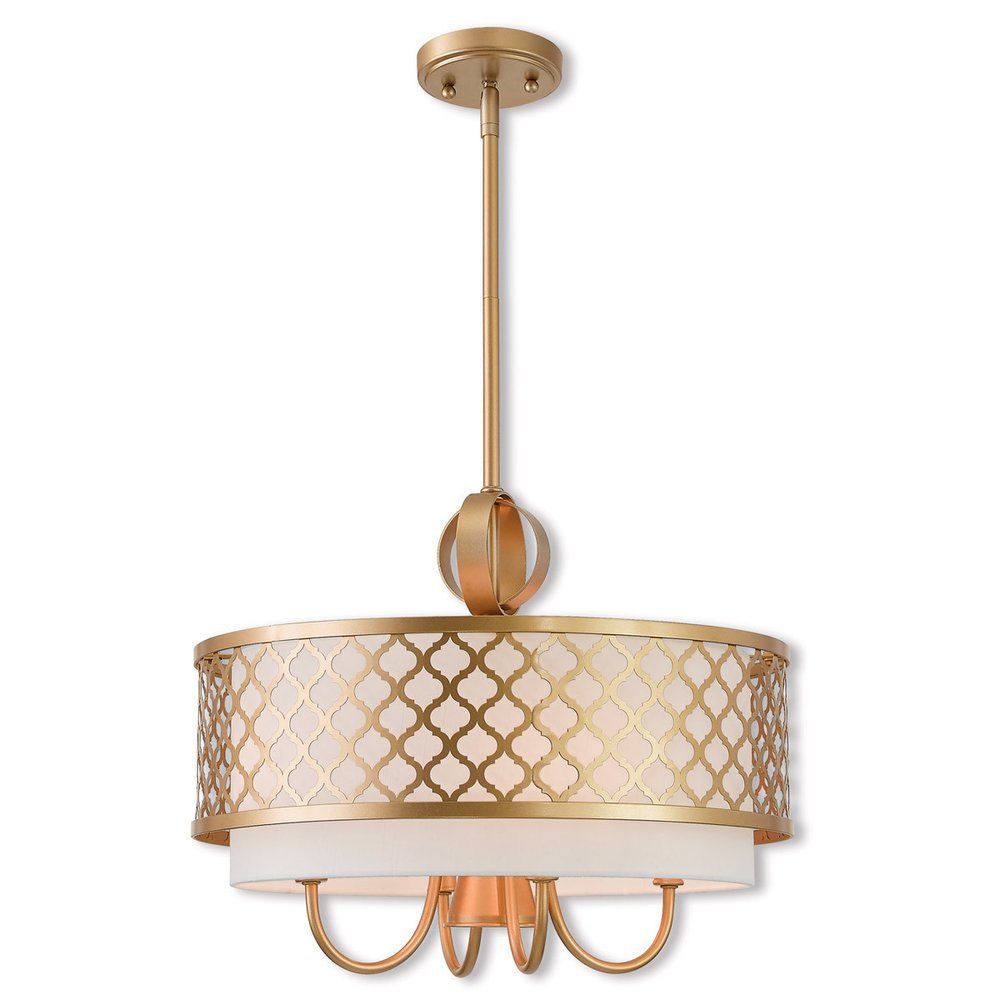 Gold And Off White Five Light Metal Dimmable Chandelier With Shades HomeRoots