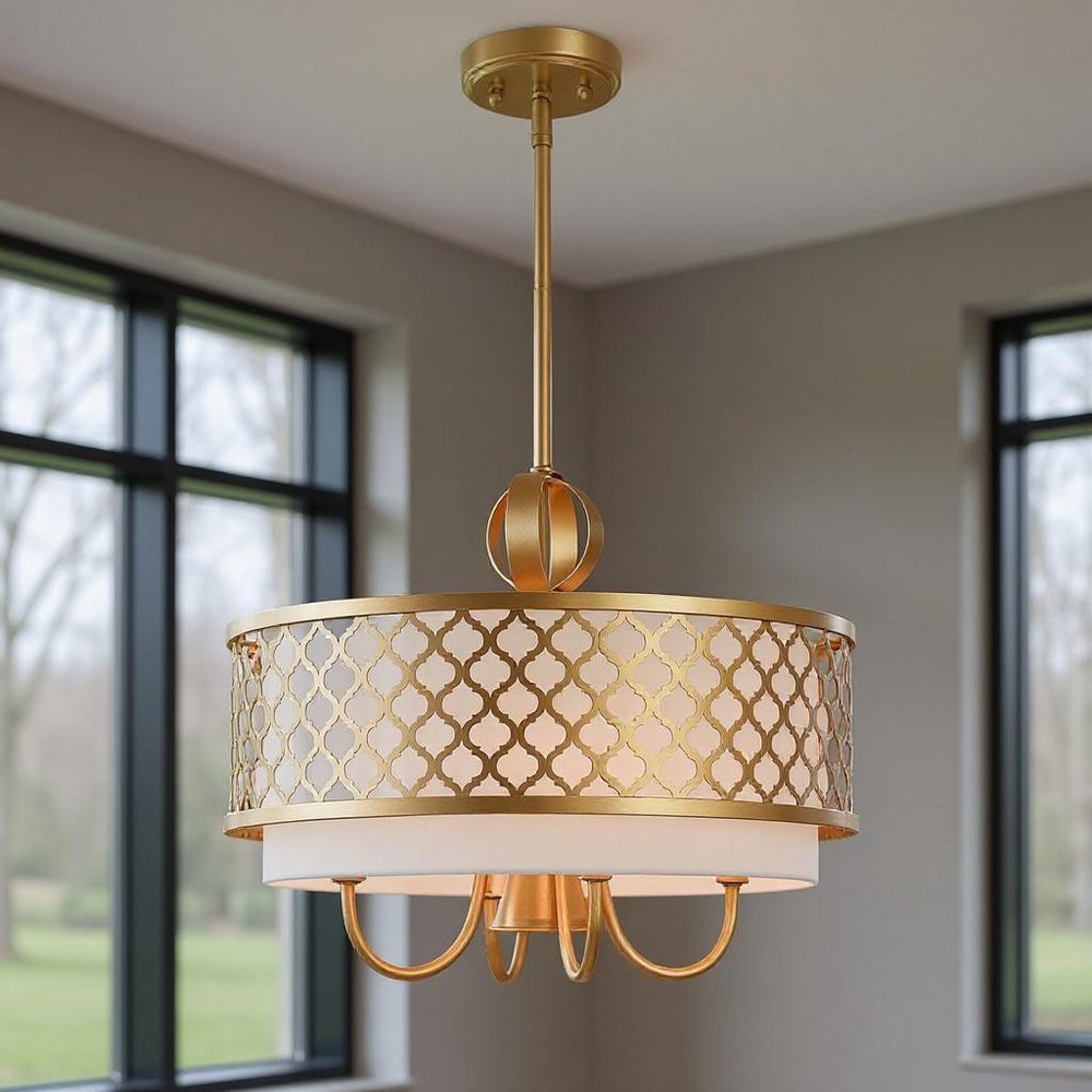 Gold And Off White Five Light Metal Dimmable Chandelier With Shades HomeRoots