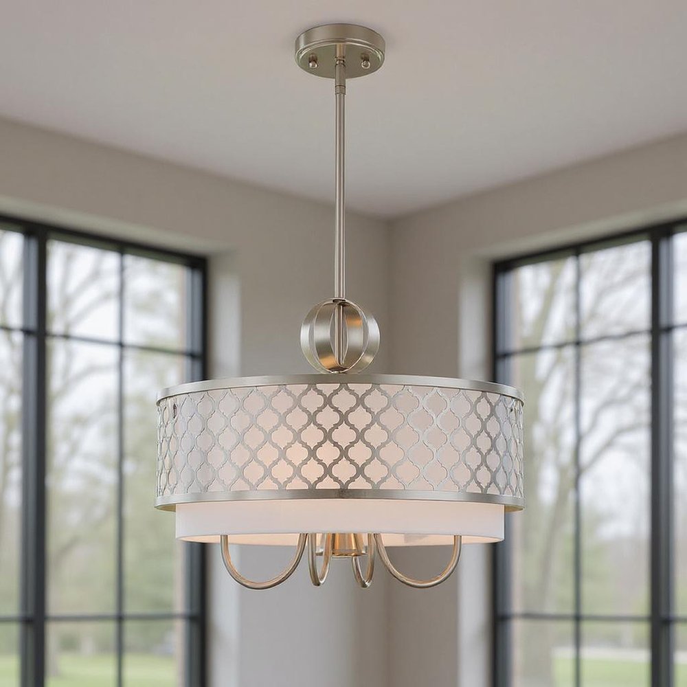 Nickel Five Light Metal Dimmable Chandelier With Shades HomeRoots
