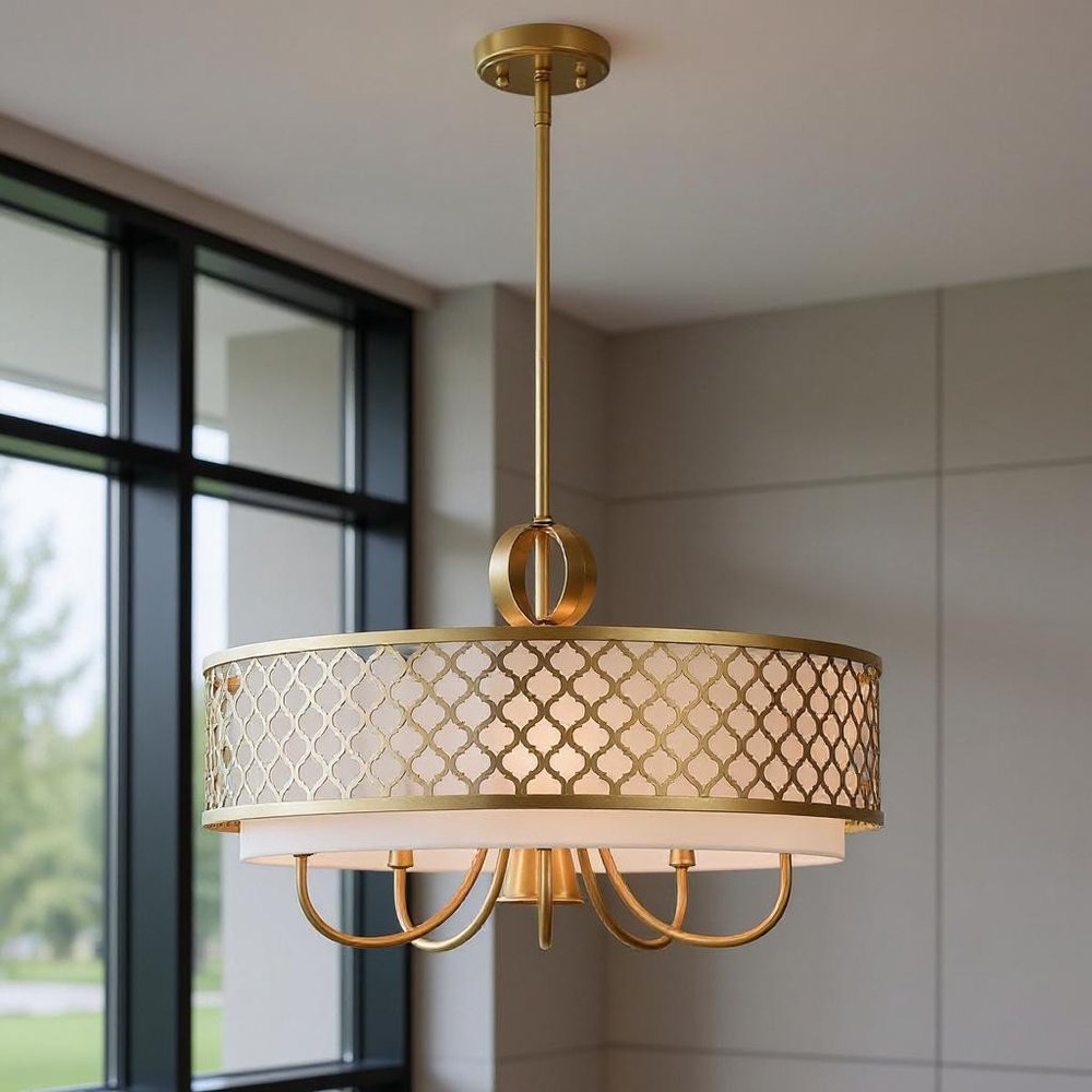 Gold And Off White Six Light Metal Dimmable Chandelier With Shades HomeRoots