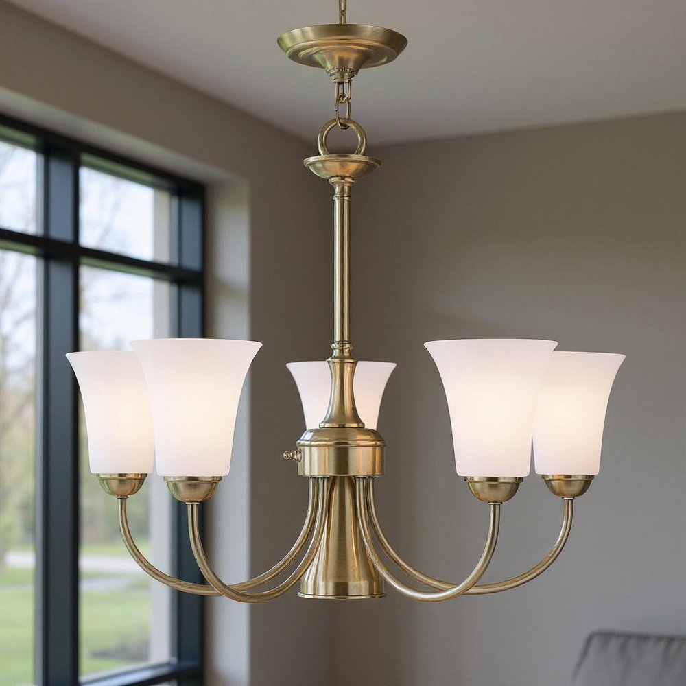Antiqued Brass Six Light Metal Dimmable Chandelier With Shades HomeRoots