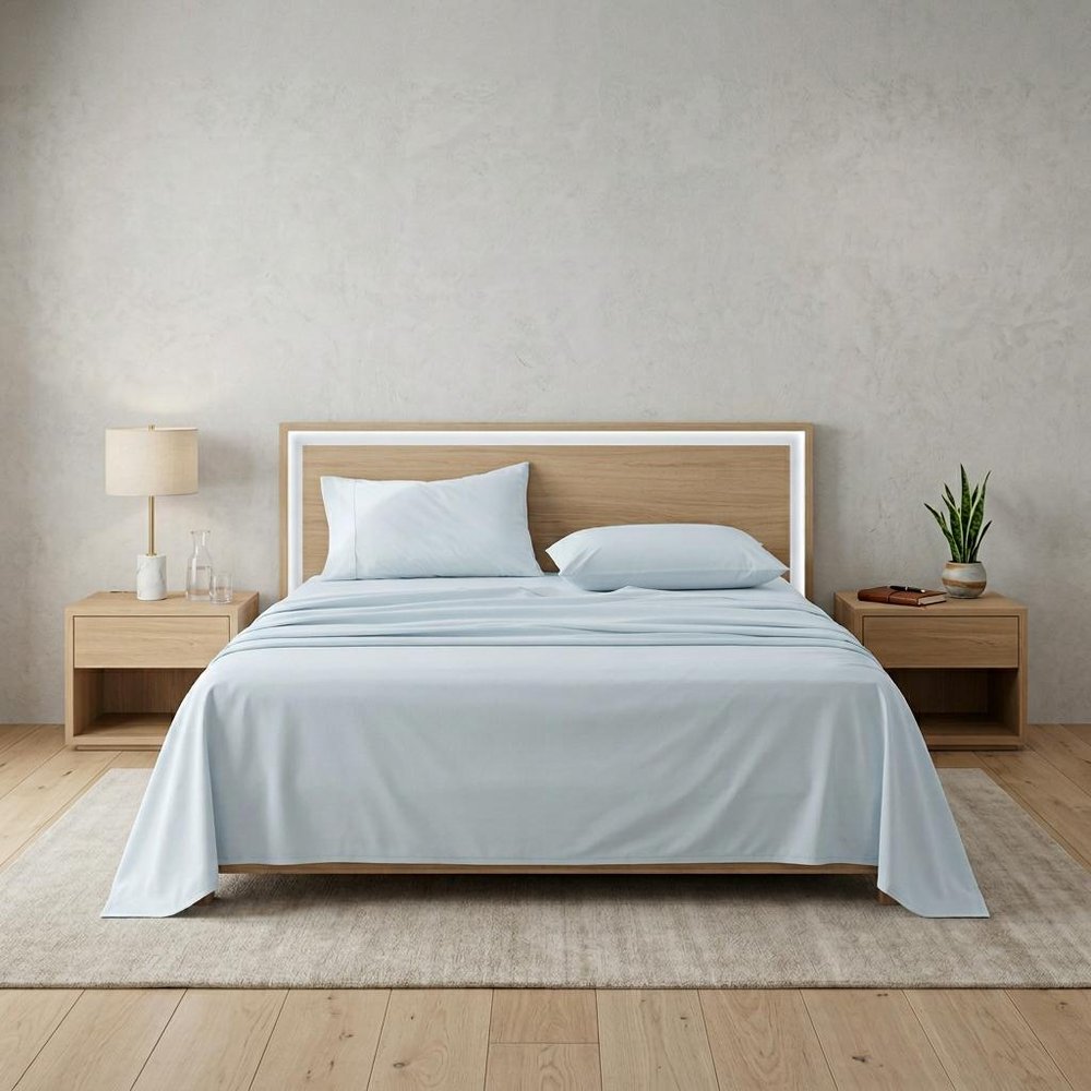 Four Piece Light Blue Cotton Queen Sheet Set HomeRoots