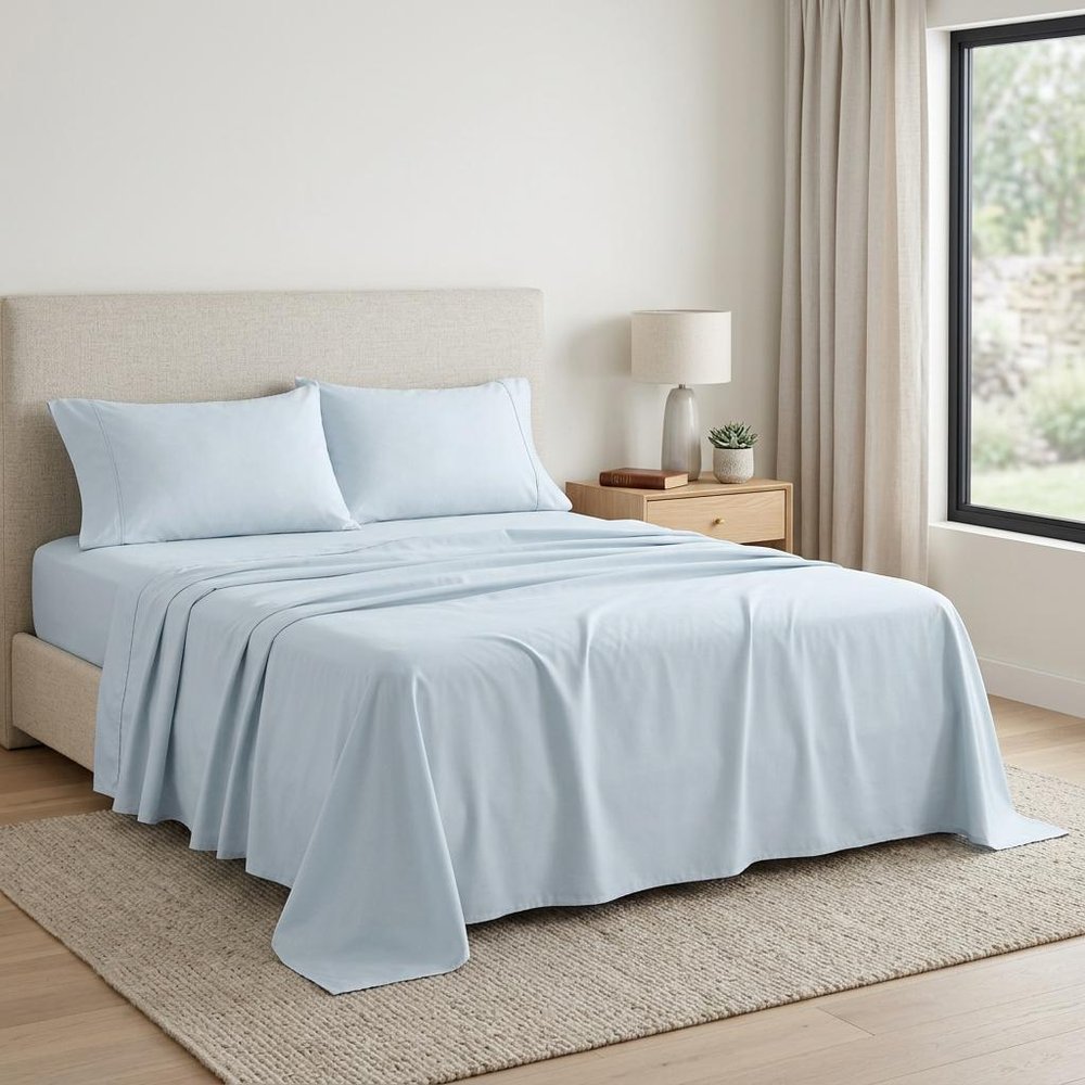 Four Piece Light Blue Cotton King Sheet Set HomeRoots