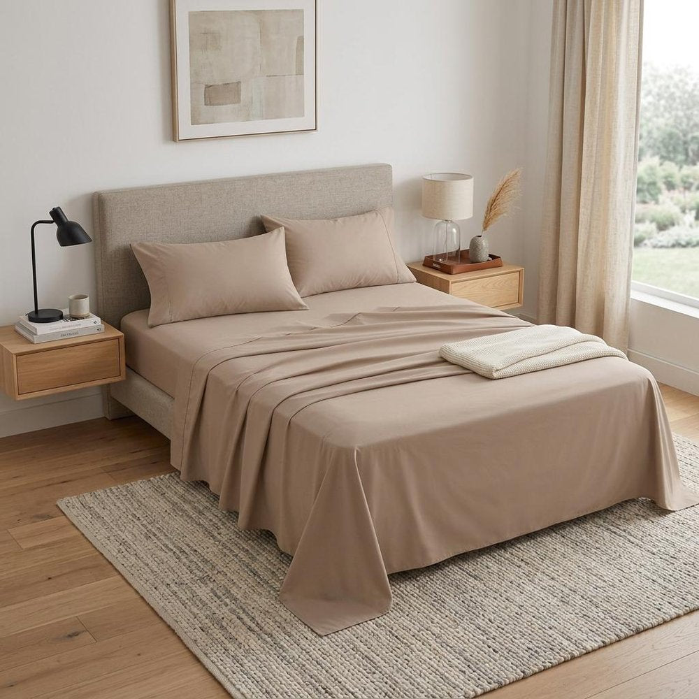 Four Piece Light Brown Cotton Queen Sheet Set HomeRoots