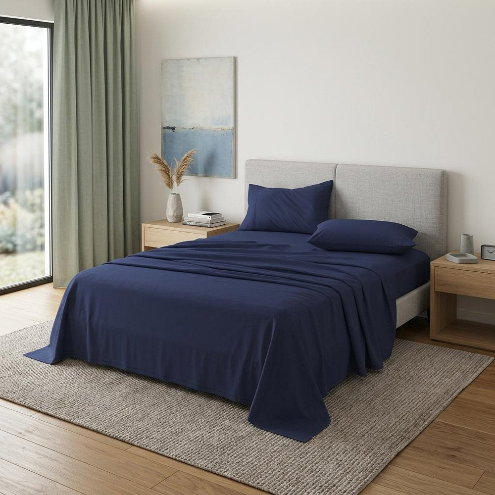 Four Piece Navy Blue Cotton Queen Sheet Set HomeRoots