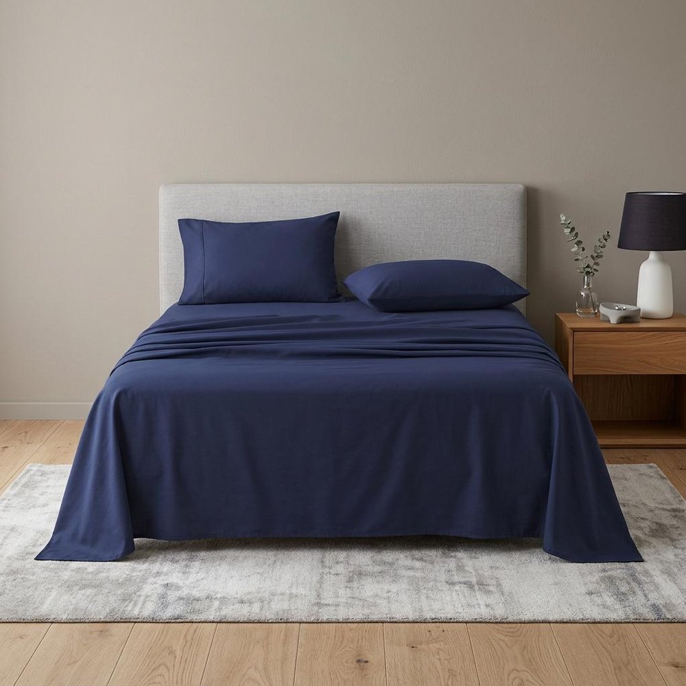 Four Piece Navy Blue Cotton King Sheet Set HomeRoots