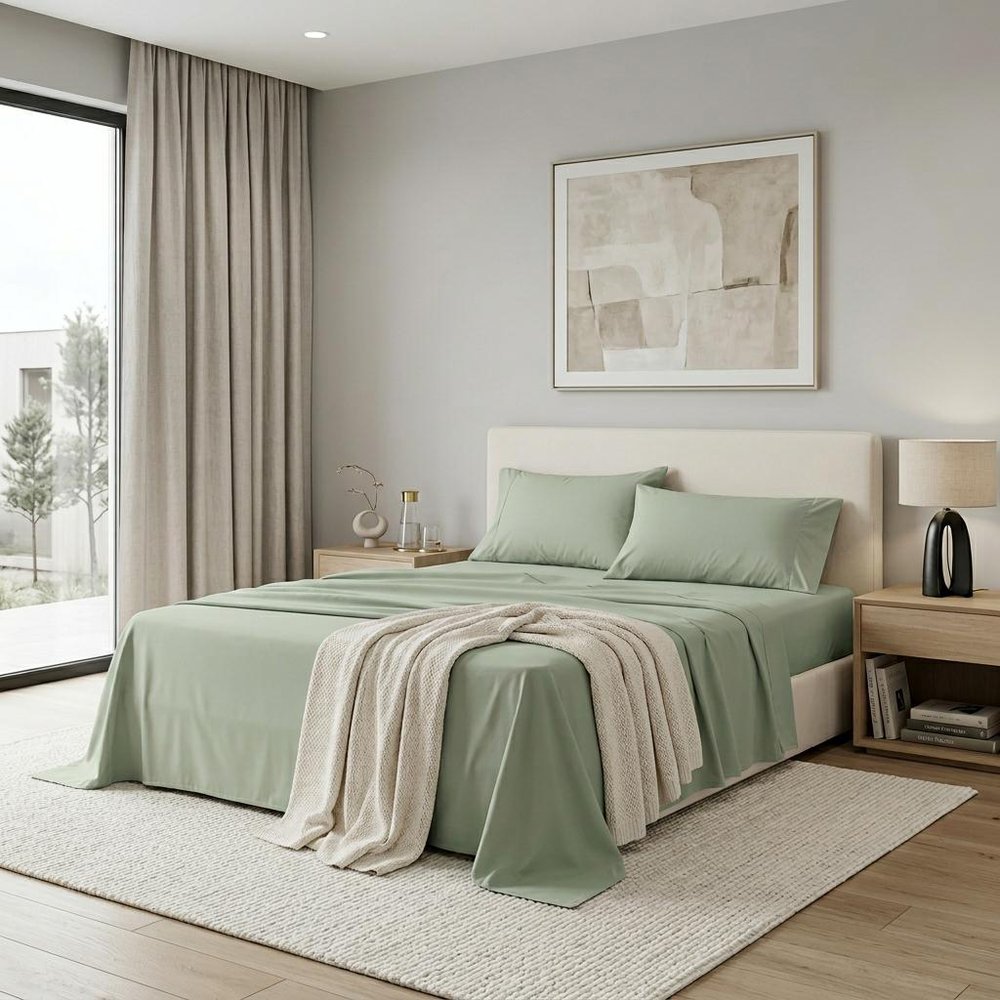 Four Piece Sage Cotton King Sheet Set HomeRoots