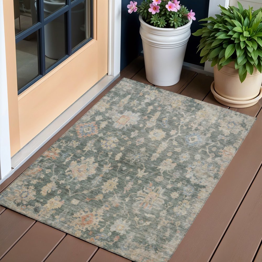 3' X 5' Artichoke Green Beige And Rust Floral Washable Indoor Outdoor Area Rug — view 5