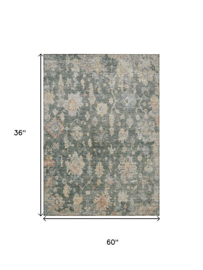 3' X 5' Artichoke Green Beige And Rust Floral Washable Indoor Outdoor Area Rug HomeRoots