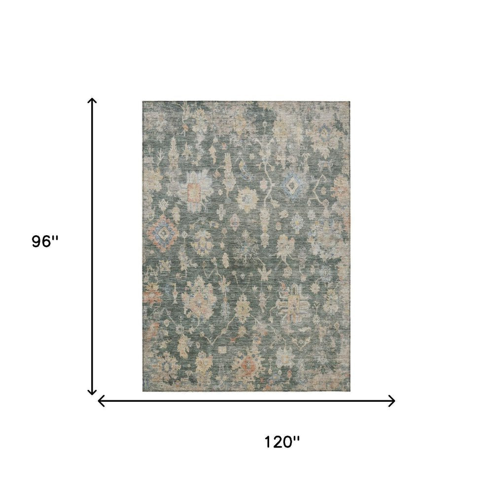 8' X 10' Artichoke Green Beige And Rust Floral Washable Indoor Outdoor Area Rug — view 6