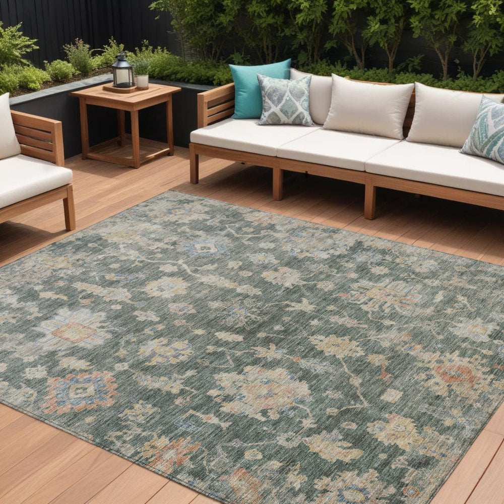 9' X 12' Artichoke Green Beige And Rust Floral Washable Indoor Outdoor Area Rug — view 5