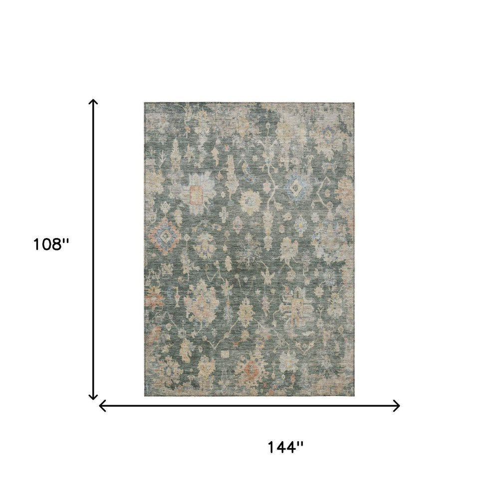 9' X 12' Artichoke Green Beige And Rust Floral Washable Indoor Outdoor Area Rug HomeRoots