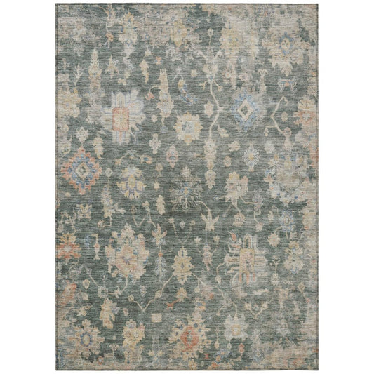 9' X 12' Artichoke Green Beige And Rust Floral Washable Indoor Outdoor Area Rug