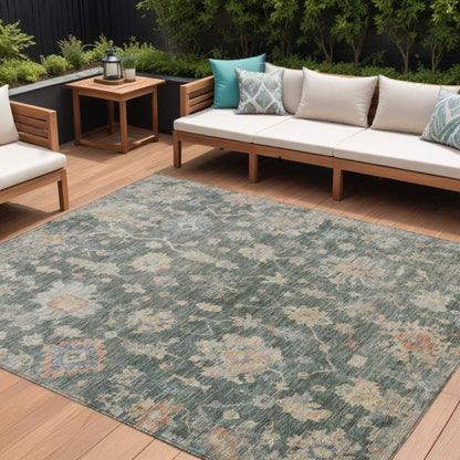 10' X 14' Artichoke Green Beige And Rust Floral Washable Indoor Outdoor Area Rug HomeRoots