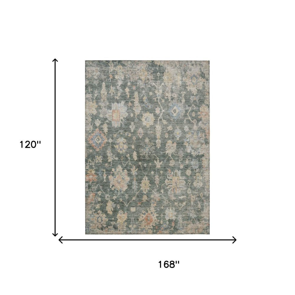 10' X 14' Artichoke Green Beige And Rust Floral Washable Indoor Outdoor Area Rug — view 7