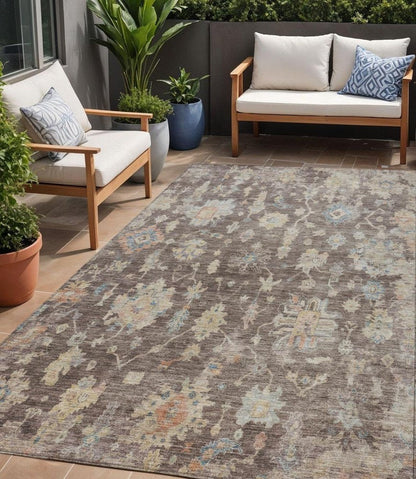 5' X 8' Chocolate Beige And Blue Floral Washable Indoor Outdoor Area Rug HomeRoots
