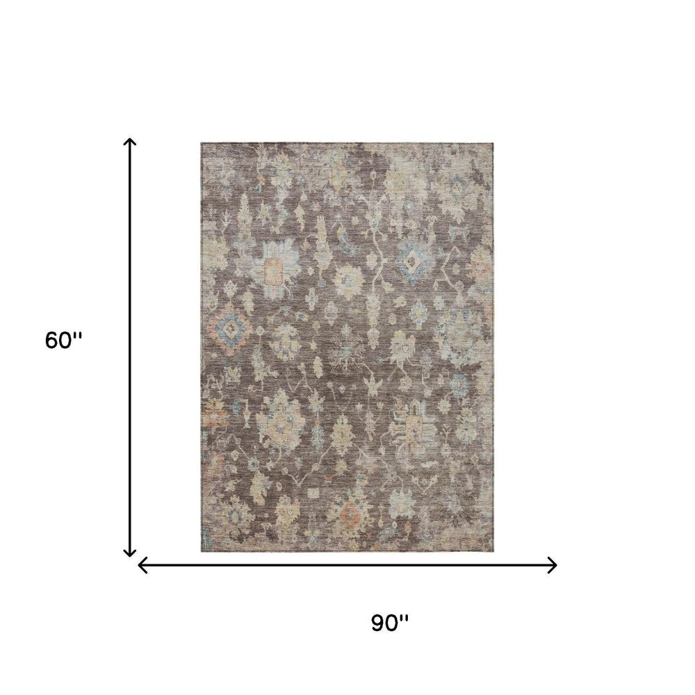 5' X 8' Chocolate Beige And Blue Floral Washable Indoor Outdoor Area Rug HomeRoots