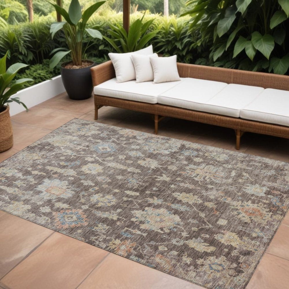 8' X 10' Chocolate Beige And Blue Floral Washable Indoor Outdoor Area Rug HomeRoots
