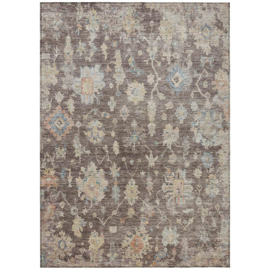 8' X 10' Chocolate Beige And Blue Floral Washable Indoor Outdoor Area Rug