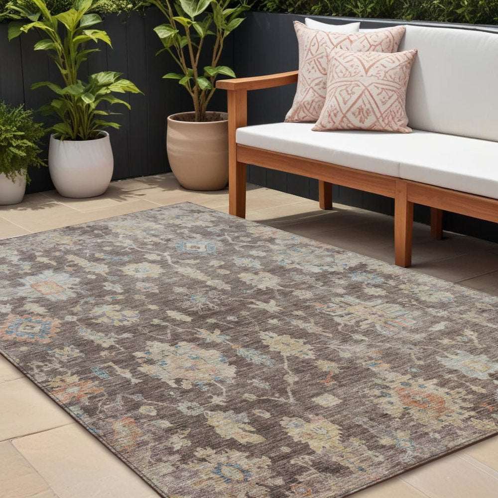 9' X 12' Chocolate Beige And Blue Floral Washable Indoor Outdoor Area Rug HomeRoots