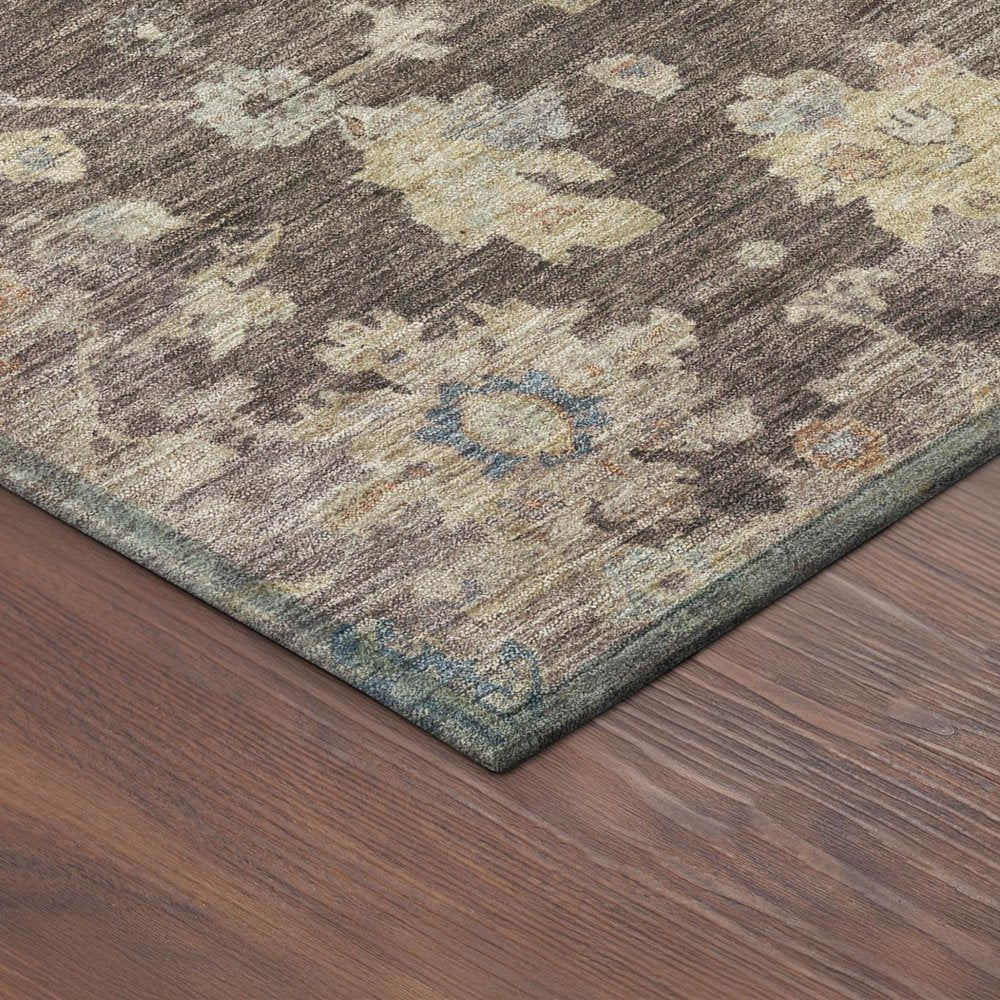 9' X 12' Chocolate Beige And Blue Floral Washable Indoor Outdoor Area Rug — view 3