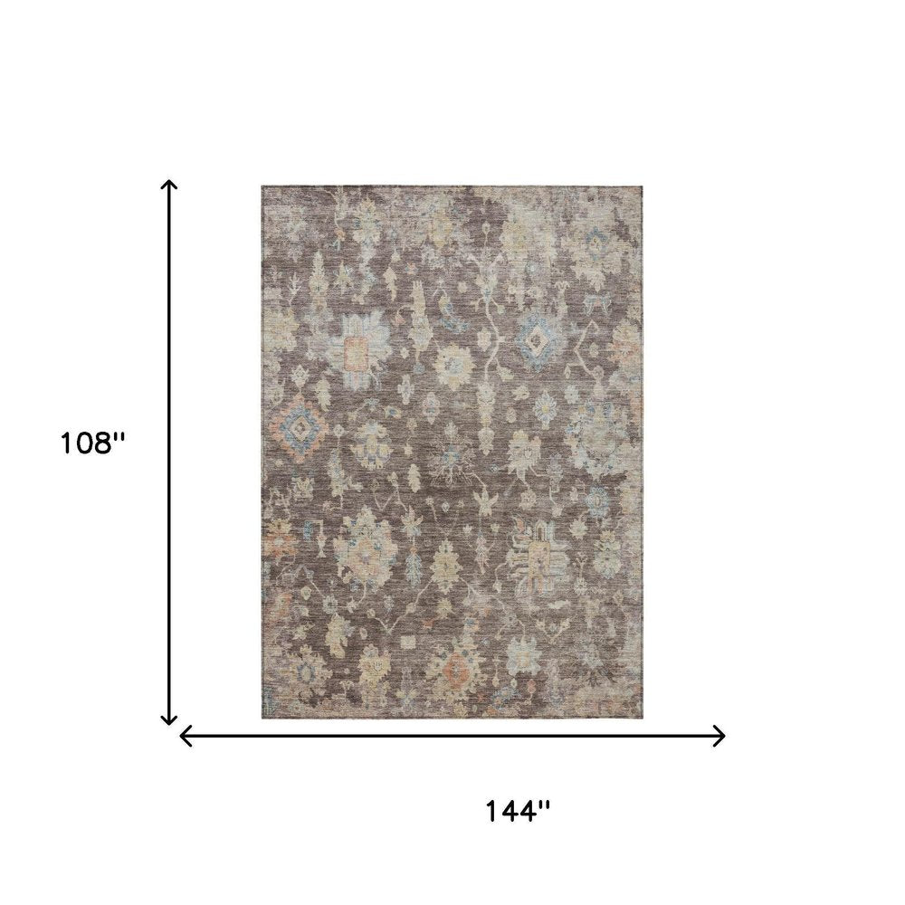 9' X 12' Chocolate Beige And Blue Floral Washable Indoor Outdoor Area Rug — view 7