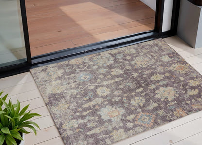 3' X 5' Eggplant Beige And Blue Floral Washable Indoor Outdoor Area Rug HomeRoots